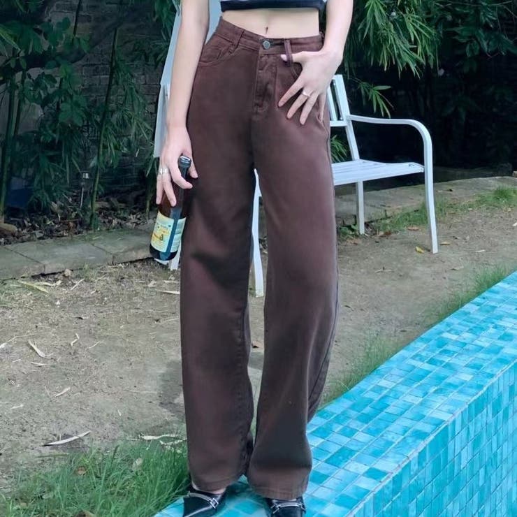ハイウエストワイドデニムパンツ 低身長 ウエストホーク付け[品番