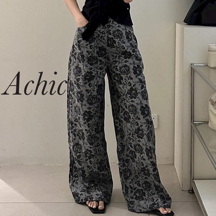 花柄フレアハイウエストデニムパンツ | Achic | 詳細画像1 