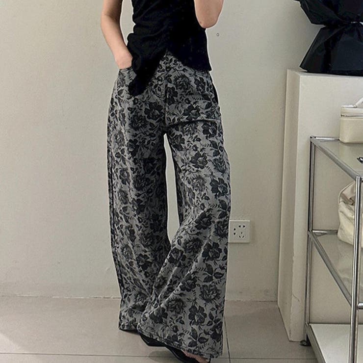 グレー | 花柄フレアハイウエストデニムパンツ | Achic