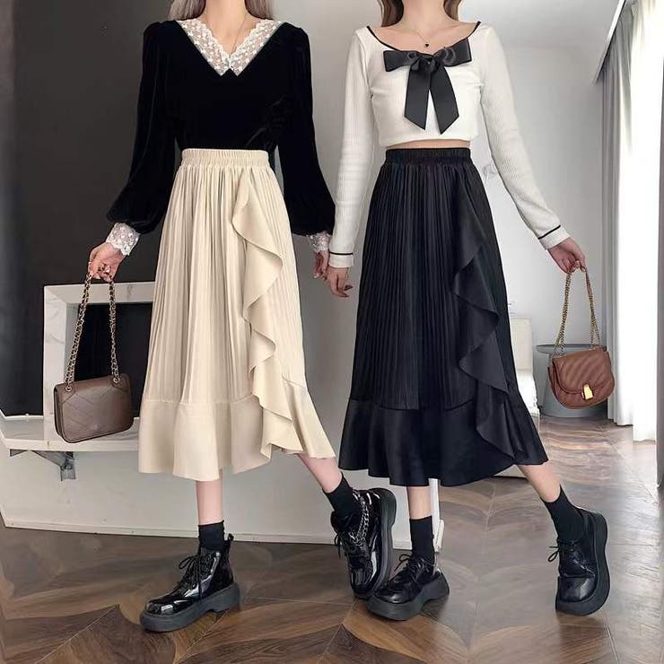 黒 ラッフルデザイン スカート　段々の巻きスカート スカート ラッフルスカート ラッフルデザイン[品番：SHNW0006098