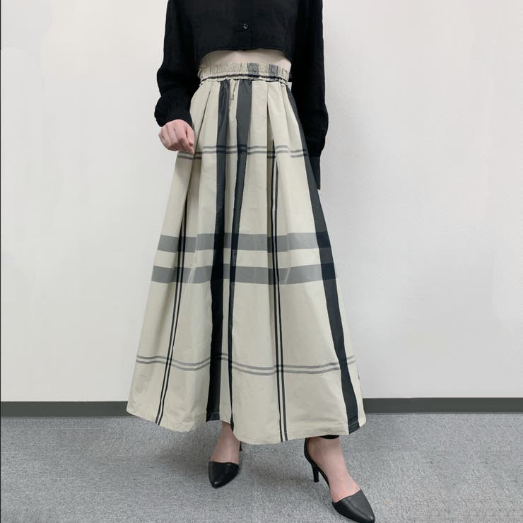 大柄チェックロングスカート ロング丈 ウエストゴム[品番