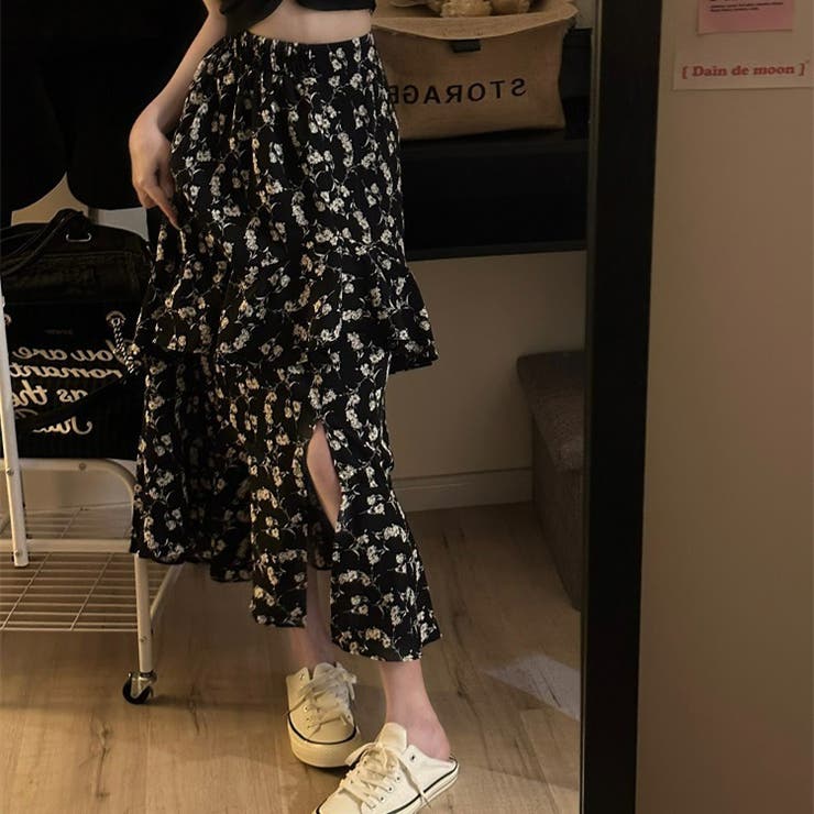 花柄 ハイウエスト半身スカート サイドスリット ミディ丈スカート[品番  