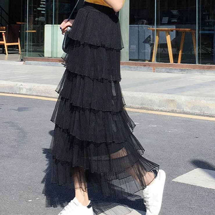 ブラック | チュールAライン ロング丈スカート | Achic