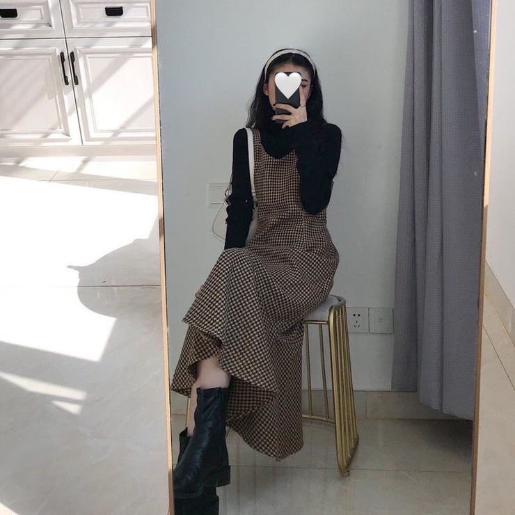 柄マーメイドキャミワンピース 秋冬 チェック柄 ロングスカート