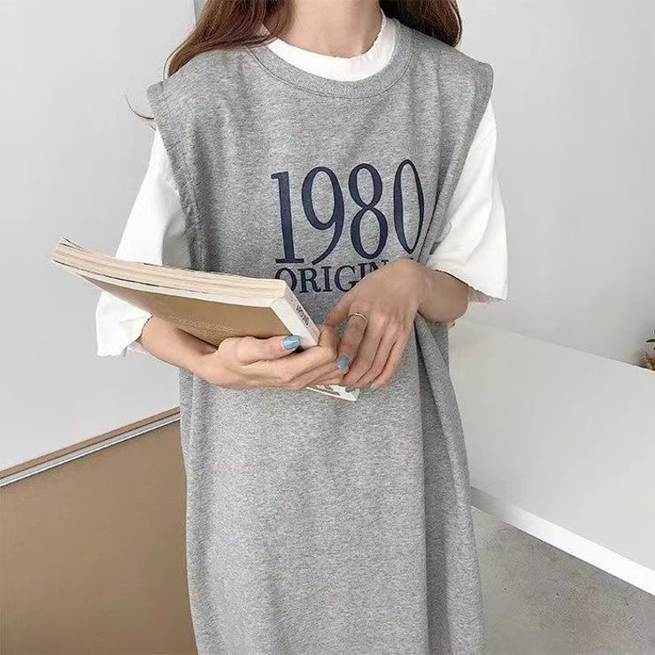夏新作】ワンピース ノースリーブロンTワンピース ロゴTシャツワンピ