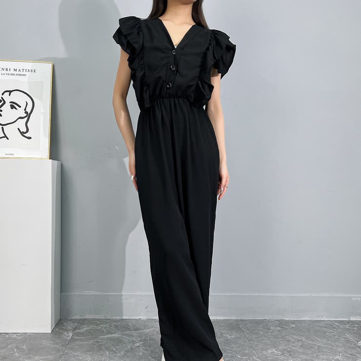 ブラック | ロンパース ワイドロンパース フリルスリーブ | Achic