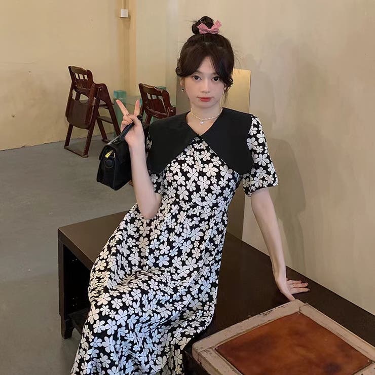 夏新作】デザイン襟花柄ワンピース 配色 ハイウエスト[品番