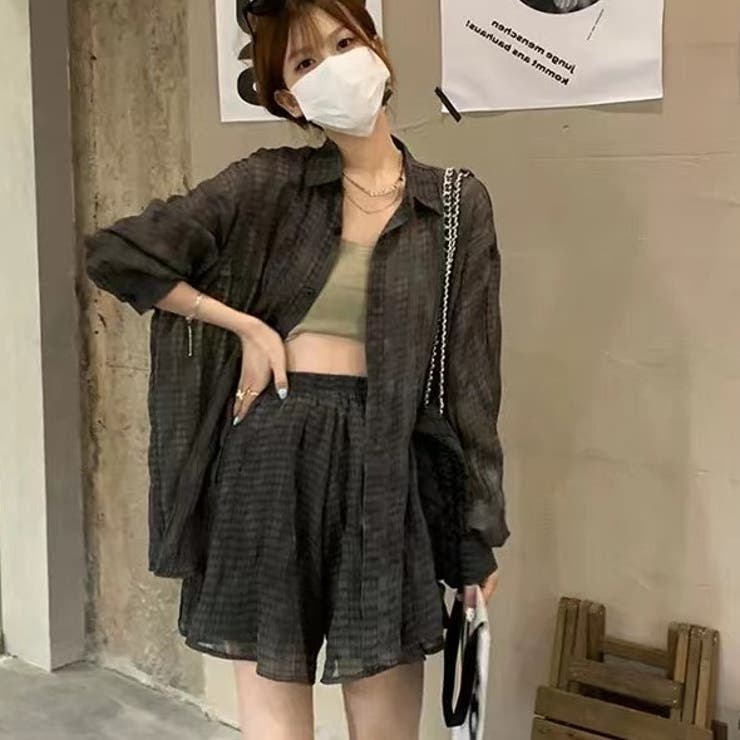 2点セット ストライプ開襟シャツ+ショートパンツ 透明感[品番