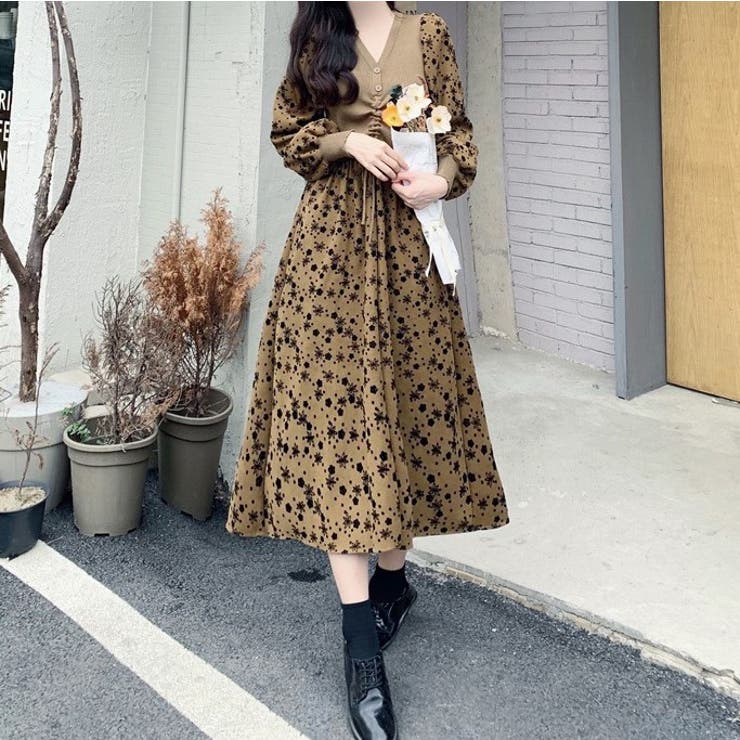 異素材切り替えニットワンピース シアードレス 伸びる素材タイトニック