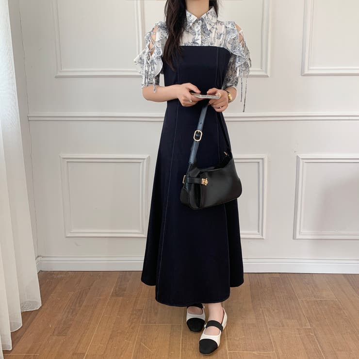 ワンピース 花柄シフォン長袖ワンピース 膝丈フレアーワンピース
