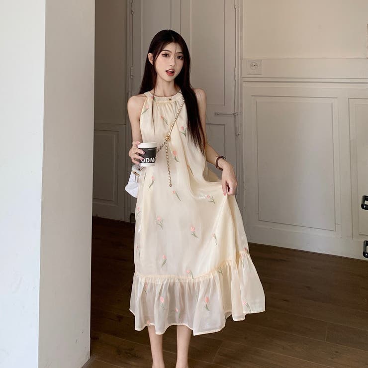 花柄 シフォン ワンピース ノースリーブ フリルネック Aライン 楽天市場】FashionSale全品5%OFFCoupon 花柄ワンピ シフォン V