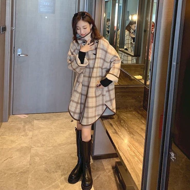 ハイネックチェック柄ケープ風コート[品番：SHNW0010422]｜Achic