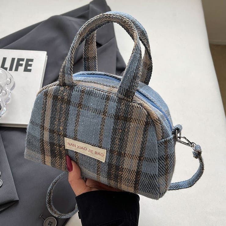 ブルー | 【2タイプ生地選べる】2WAYミニ ハンド チェック柄ショルダーバッグ | Achic