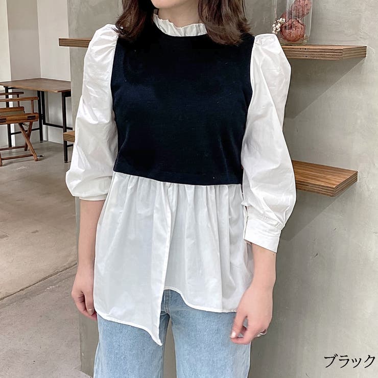 七分袖丸首ベスト風ドッキングブラウス レイヤー 重ね着 品番 Shnw Lady Like レディライク のレディースファッション通販 Shoplist ショップリスト