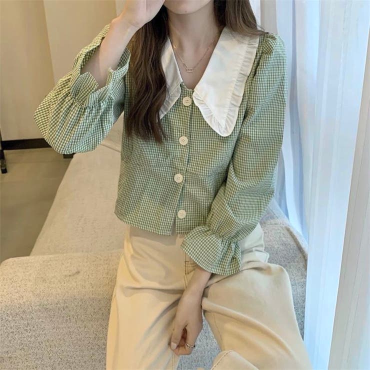 Yukie⑤春３Ｌベージュ白ギンガムチェック長袖バンドカラーブラウス ブラウス シャツ プリーツ 切り替え ギンガム チェック レディース