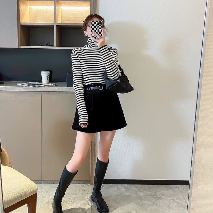 ボーダータートルスリムニット トップス リブ[品番：SHNW0004331