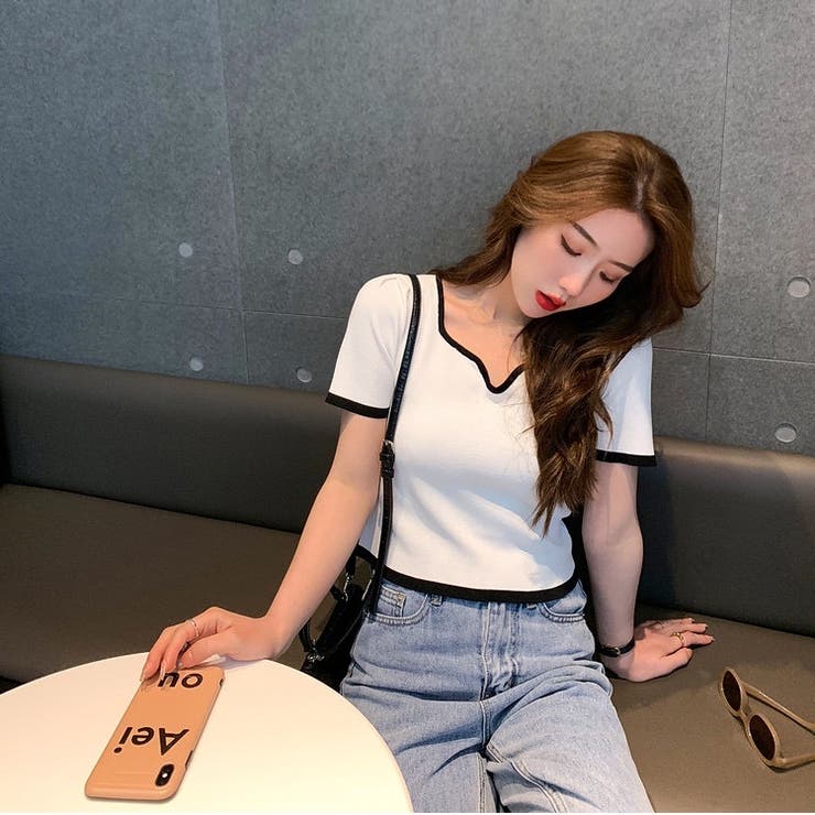 変形Vネック配色ニット V開き 半袖 | LADY LIKE  | 詳細画像4 