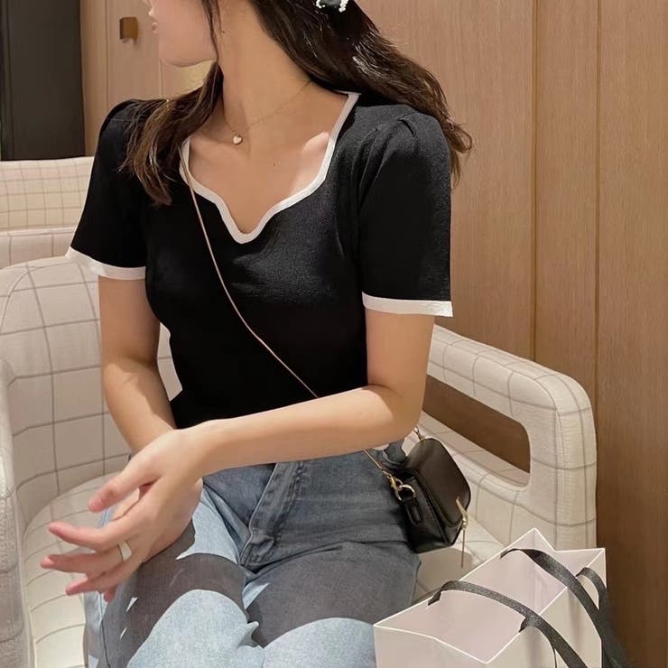 変形Vネック配色ニット V開き 半袖 | LADY LIKE  | 詳細画像5 