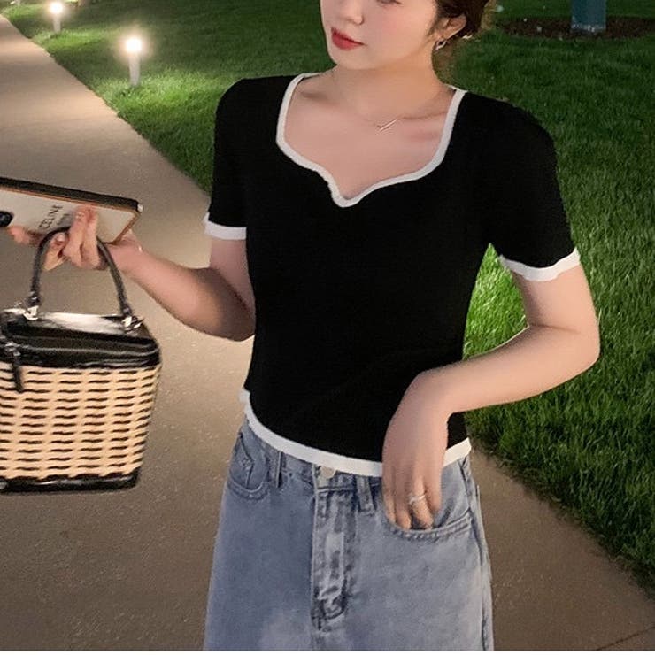 変形Vネック配色ニット V開き 半袖 | LADY LIKE  | 詳細画像6 