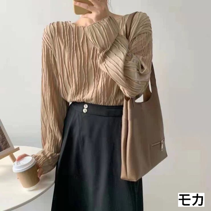 ウェーブ風ストライプシアートップス 透け感 肌見せ[品番