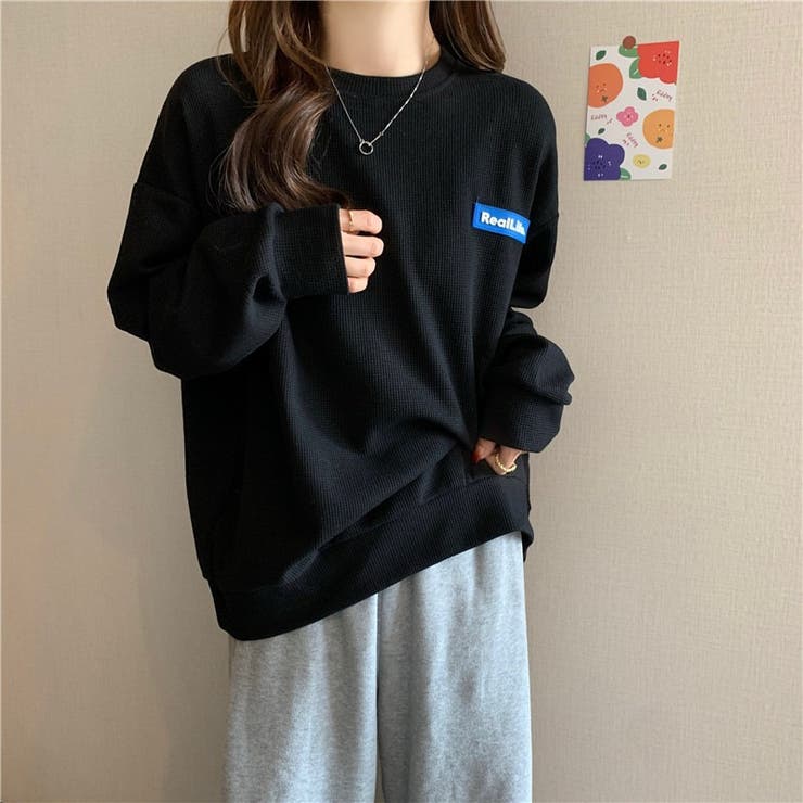 ワッフル素材ワンポイントトップス ロングTシャツ ロンT[品番