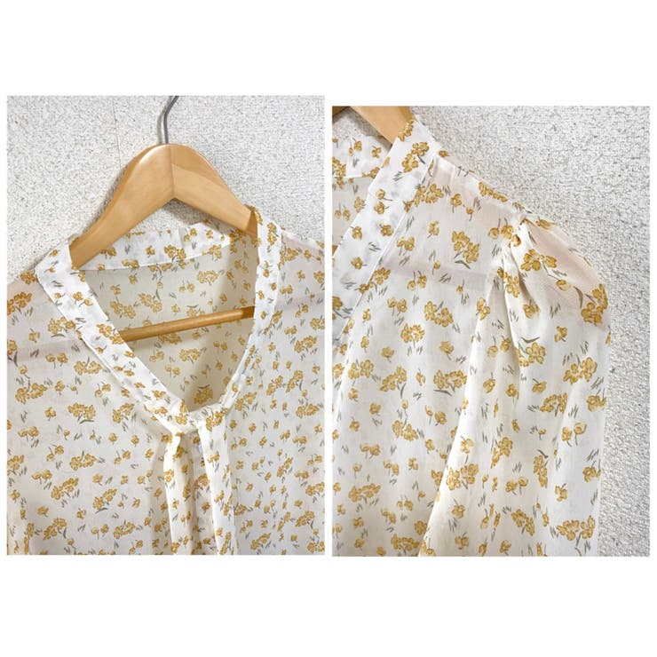 胸リボン小花柄シフォンブラウス フラワー柄 透け感[品番
