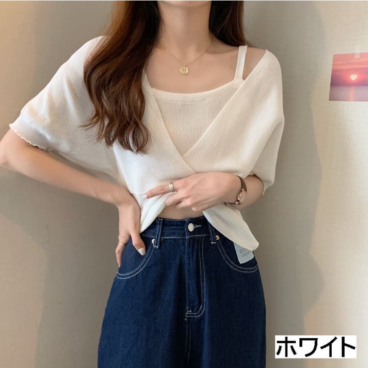 ホワイト | カシュクール風半袖ドッキングニット ドッキング 重ね着 | LADY LIKE 