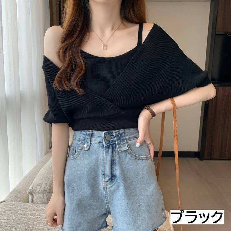 ブラック | カシュクール風半袖ドッキングニット ドッキング 重ね着 | LADY LIKE 