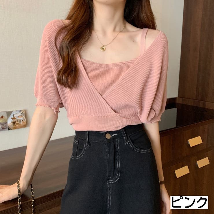 ピンク | カシュクール風半袖ドッキングニット ドッキング 重ね着 | LADY LIKE 