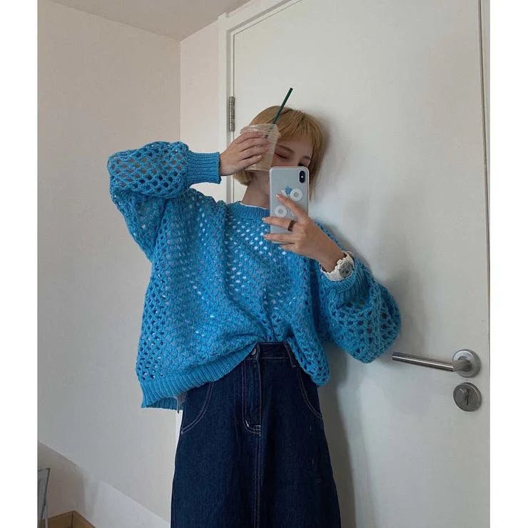 【美品】LAVA カップ付きボーダーニットロングスリーブトップス ネイビー L 透かし編み丸首ゆったりニット トップス カギ編み[品番