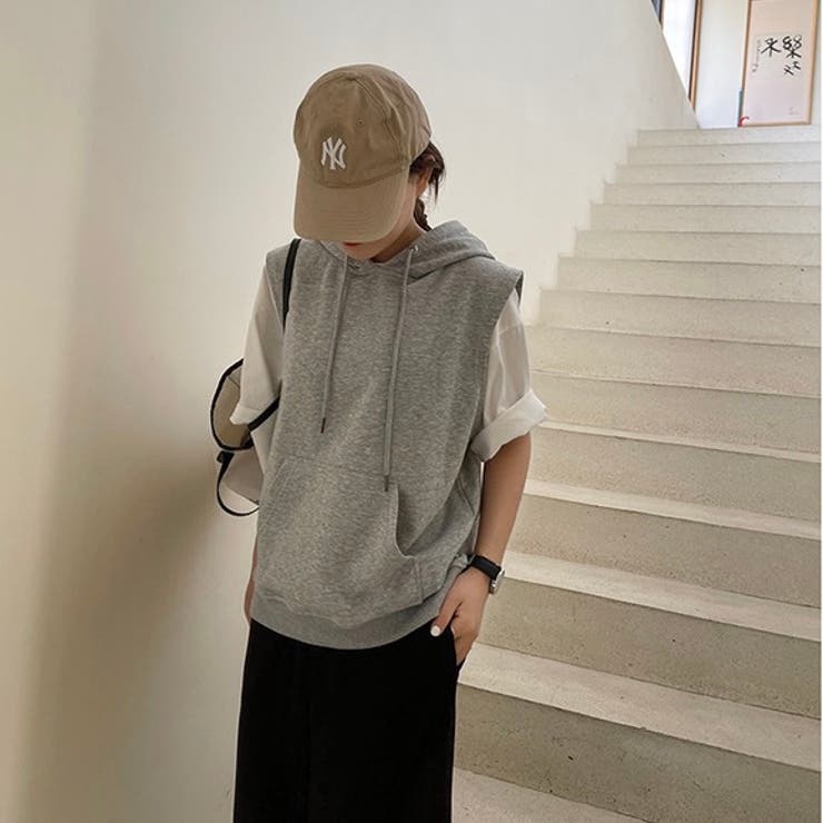フード付きスウェットベスト トップス ジレ[品番：SHNW0006517