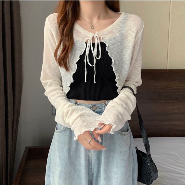 フロントリボンシアーニットボレロ カーディガン メロー[品番