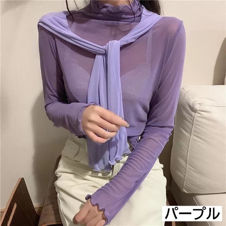 litmus 花柄ハイネック シアートップス スキン white×purple litmus 花柄ハイネック シアートップス スキン white×purple