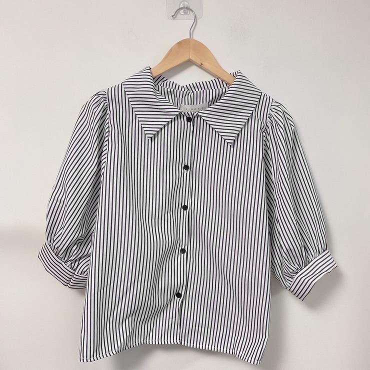 ストライプ五分袖ブラウス シャツ トップス[品番:SHNW0006626 ストライプ五分袖ブラウス シャツ トップス[品番:SHNW0006626