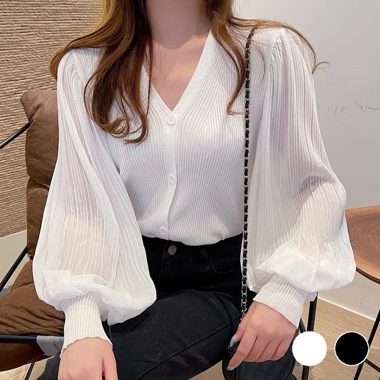 袖プリーツV開きカーディガン シフォン 透け感[品番：SHNW0006788  