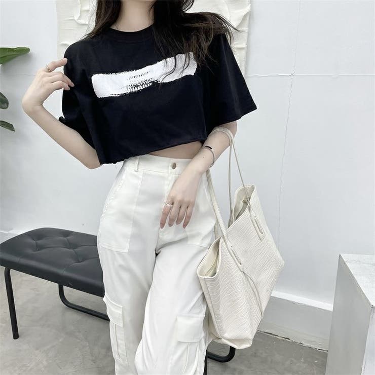 シンプルプリントミニ丈Tシャツ ショート丈 短め[品番