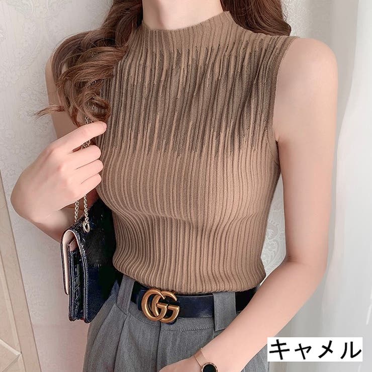 ランダムリブプチハイノースリーブニット ハイネック 大人[品番