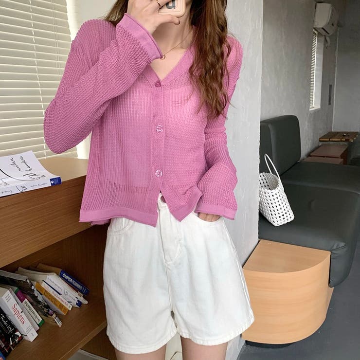 レオナール 春色シースルーカーディガン極美品 三つボタンシアー