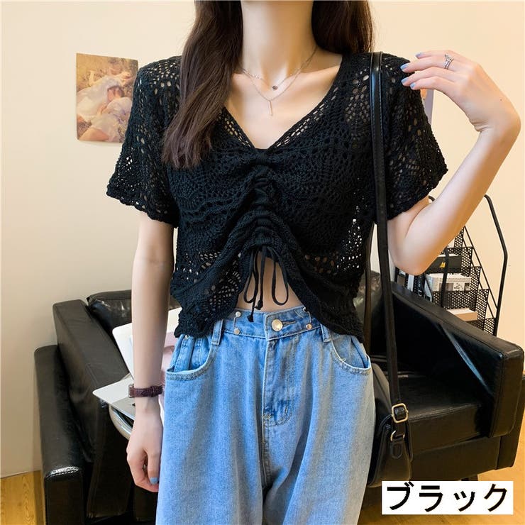 フロントシャーリングかぎ編み半袖ニット トップス 透け感[品番