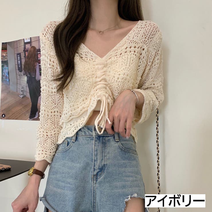 アイボリー | フロントシャーリングかぎ編み長袖ニット トップス 透け感 | LADY LIKE 