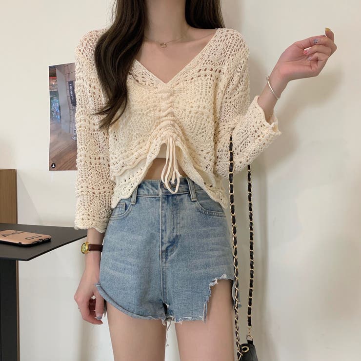 フロントシャーリングかぎ編み長袖ニット トップス 透け感 | LADY LIKE  | 詳細画像6 