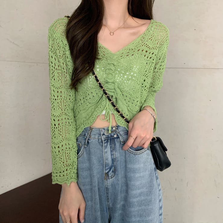 フロントシャーリングかぎ編み長袖ニット トップス 透け感 | LADY LIKE  | 詳細画像8 