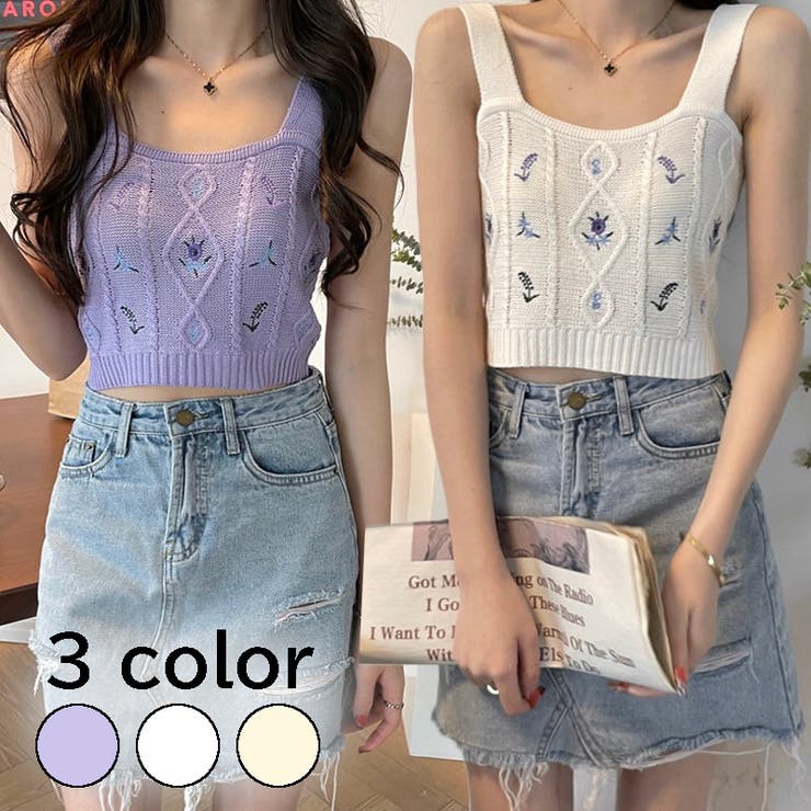 フラワー刺繍ニットキャミ 花柄 ショート丈[品番：SHNW0007096