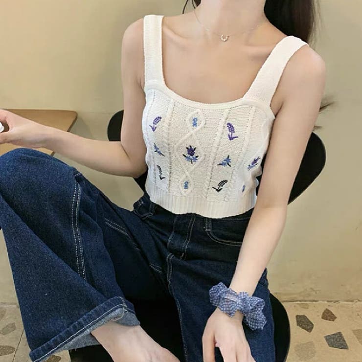 フラワー刺繍ニットキャミ 花柄 ショート丈[品番：SHNW0007096