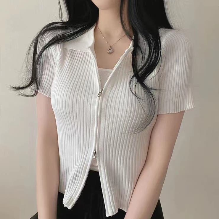 tシャツ プレート付きダブルジップリブトップス レディース Ada.（エイダ）の「半袖 ダブルジップ リブ タイト トップス（T