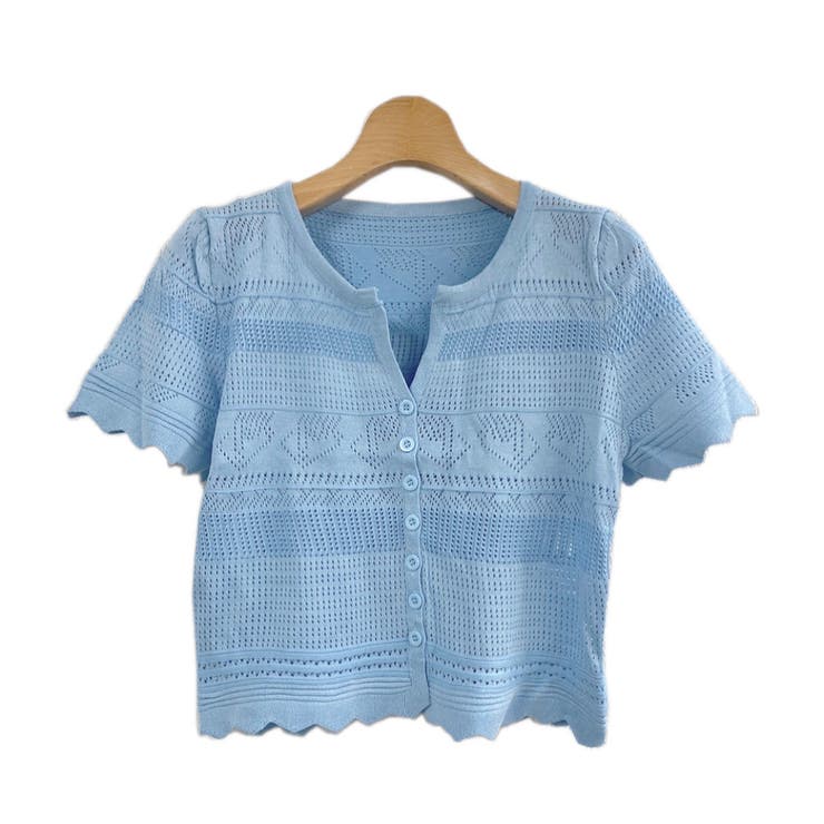 ミニボタンコンパクト半袖カーディガン シアー 透け感[品番