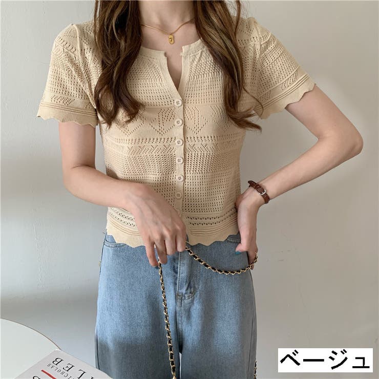 ミニボタンコンパクト半袖カーディガン シアー 透け感[品番  