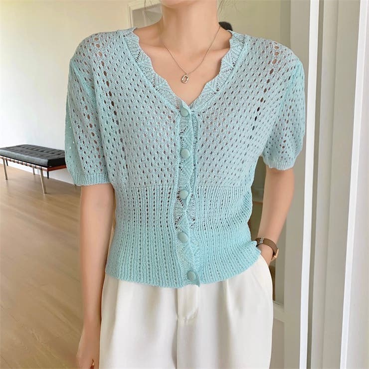 ライトブルー ボタン付きカーディガン 半袖 GU ジーユー メタルボタンカーディガン（半袖）ライトブルー S