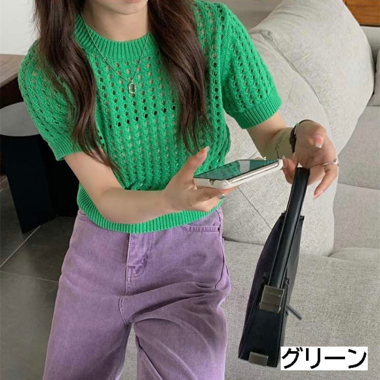 クルーネック半袖シアーニット 透け感 シースルー[品番