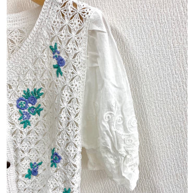 クロシェ編みフラワー刺繍トップス ししゅう ドッキング[品番